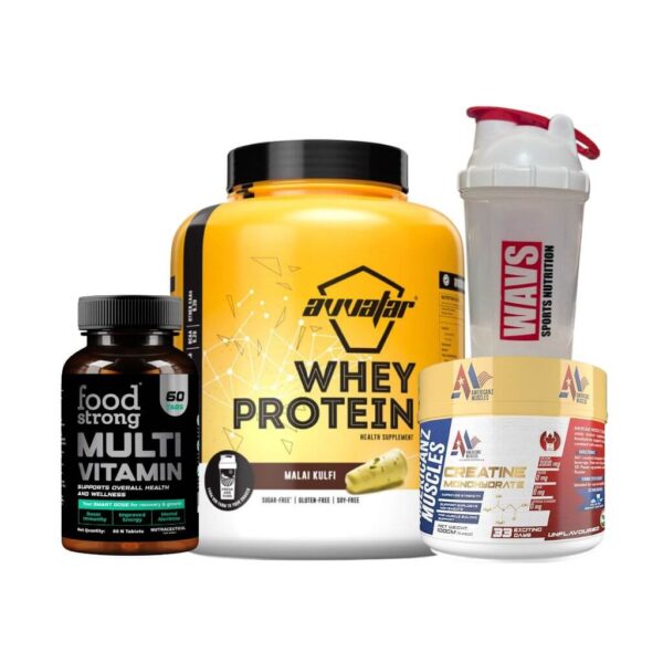 Combo 1 - Avatar performance whey 2kg; Food strong Multivitamin; American muscle creatine 100g; Shaker